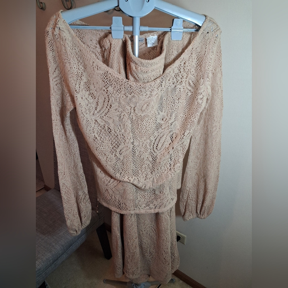 Beige Crochet 3 Piece Maxi Skirt, Top, Scarf Set